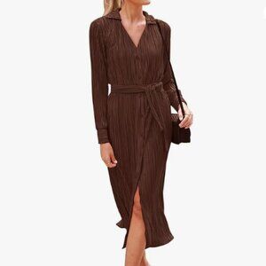 Kirundo Pleated Long Slv. Bronzy Midi Dress Button Down Belted Size XL Feminine